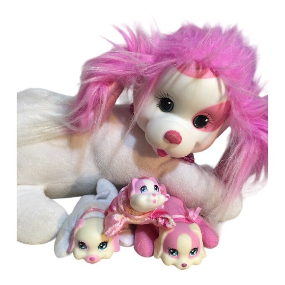 Puppy Surprise Plush Pink White Mommy Dog 3 Puppies Necklace Glitter Bows - Picture 1 of 13